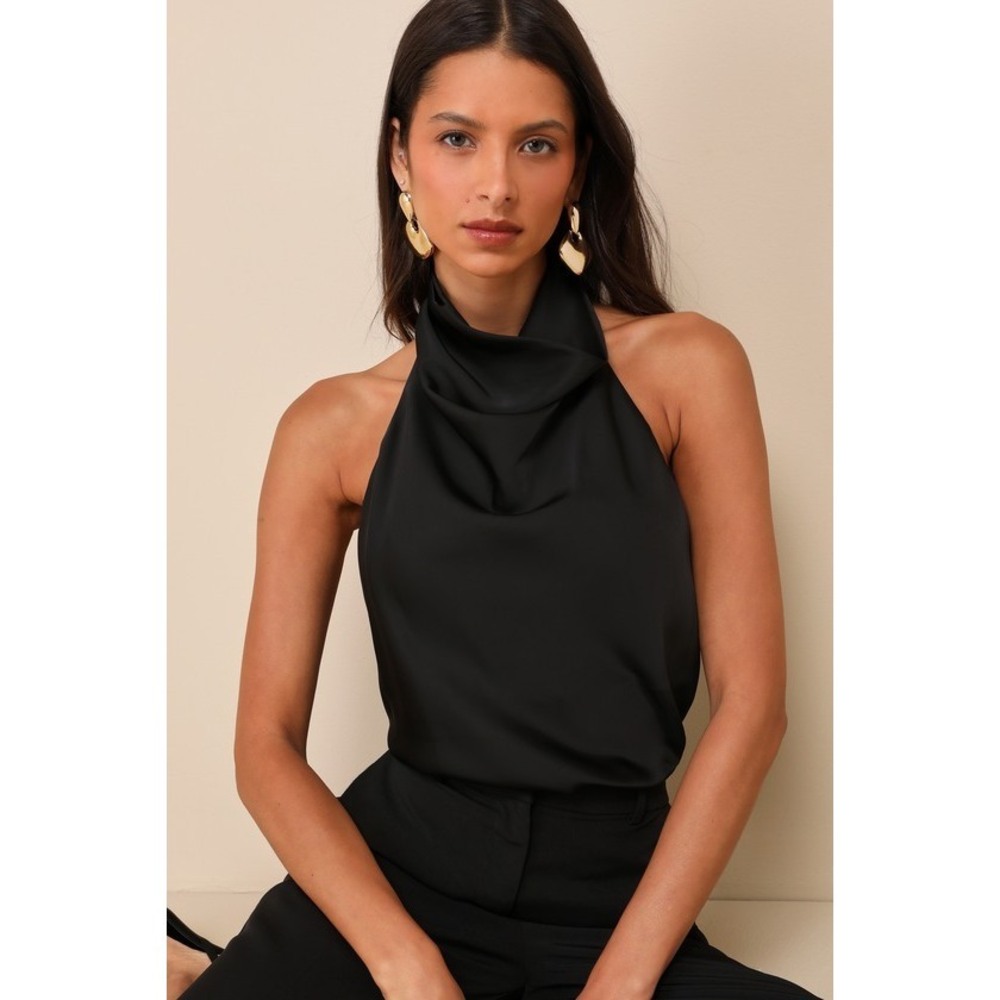 Lulus Chic Event Black Satin Cowl Backless Halter Top - Size S